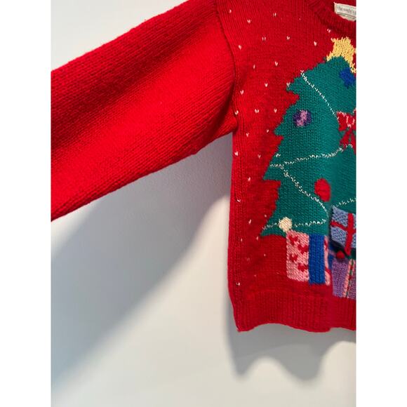 Vintage Wool Ugly Christmas Sweater Hand Knit Tree and Gifts Red Green Medium JL - Picture 6 of 11